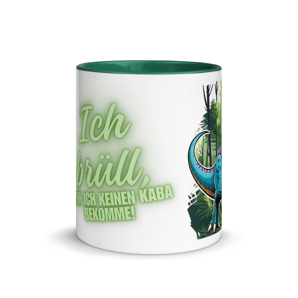 Schräge Vorderansicht einer Kindertasse mit dunkelgrüner Innenseite, die einen coolen T-Rex mit Sonnenbrille und den Kaba-Spruch zeigt.