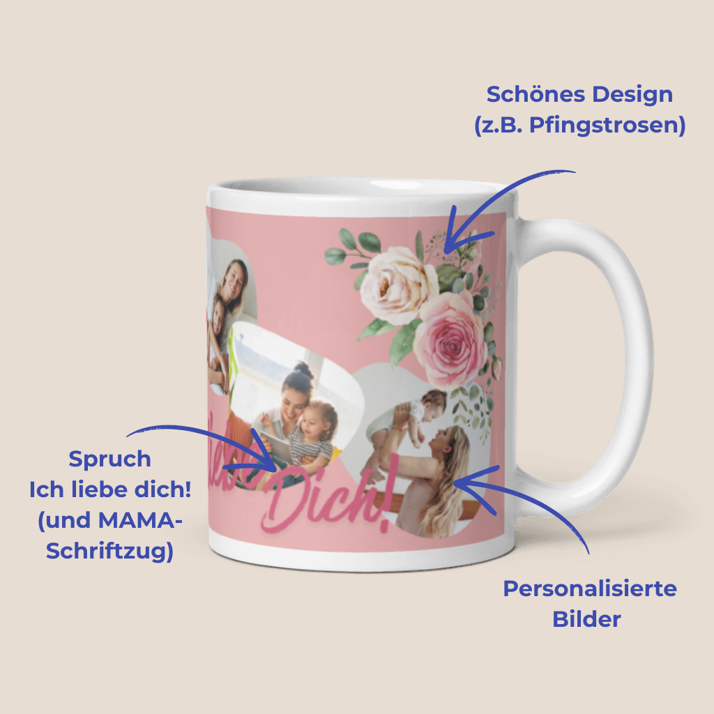 Infografik einer weißen Fototasse für Mamas mit Hinweisen auf personalisierbare Bilder, das florale Pfingstrosen-Design und den Schriftzug Ich liebe dich.