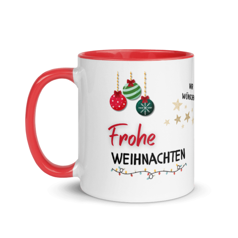 Weihnachtstasse “Frohe Weihnachten” im Polaroid-Design mit Familienfoto, roter Henkel und rote Innenseite Henkel links