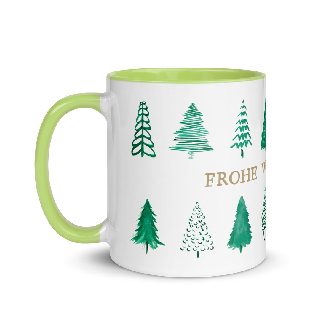 Weihnachtstasse mit grünem Henkel links, handgezeichnete Tannenbäume und goldener Schriftzug “Frohe Weihnachten”, grüne Innenseite