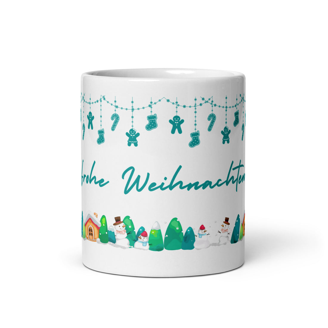 Weiße Tasse mit Schriftzug “Frohe Weihnachten” in Türkis, Girlande mit Lebkuchenmännchen, Zuckerstangen und Socken, unten Winterdorf mit Schneemännern