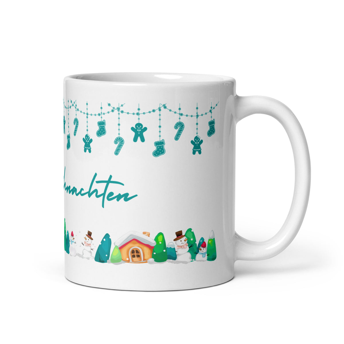 Weiße Weihnachtstasse mit Henkel rechts, Schriftzug “Frohe Weihnachten” in Türkis, Winterdorf mit Schneemännern und Häuschen