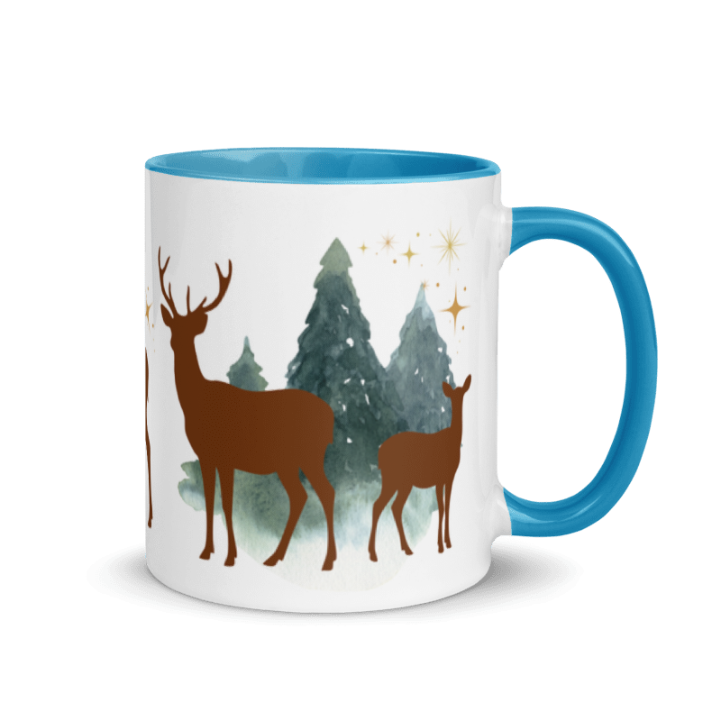 Tasse „Hirsch im Wald“ – Winter-Tasse mit Hirschen, Tannen & goldenen Sternen