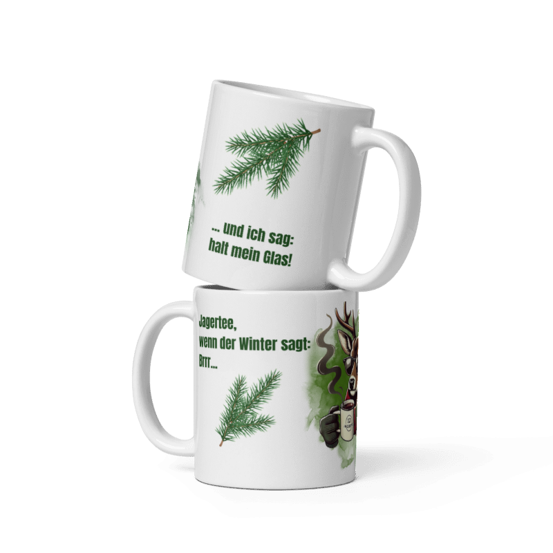 Tasse Jagertee – Hirsch mit Sonnenbrille & Spruch „Halt mein Glas!“
