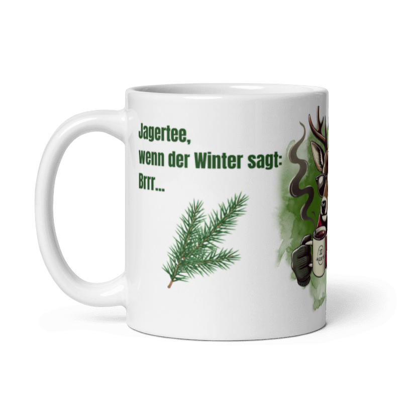 Tasse Jagertee – Hirsch mit Sonnenbrille & Spruch „Halt mein Glas!“