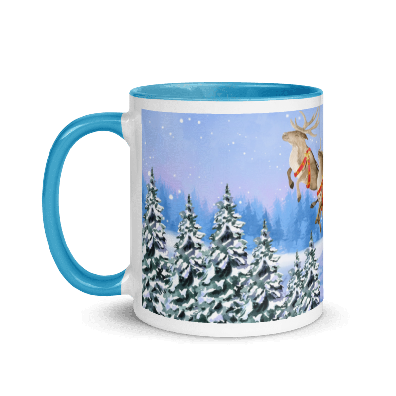 Weihnachtstasse Nikolaus mit Schlitten & Rentieren – Winterlandschaft in Dunkelblau