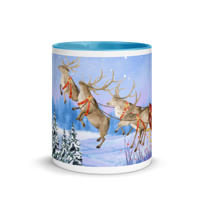 Weihnachtstasse Nikolaus mit Schlitten & Rentieren – Winterlandschaft in Dunkelblau