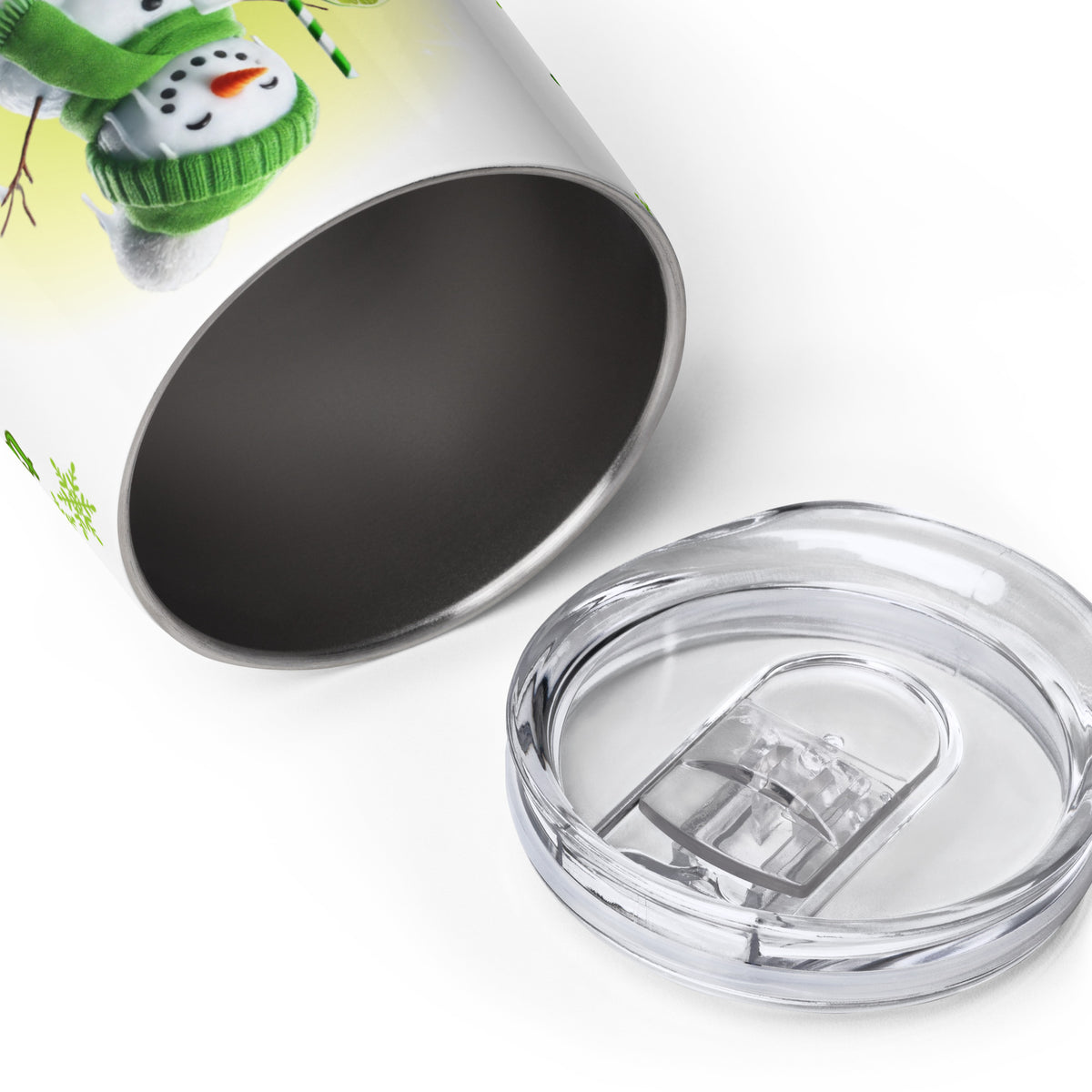 Edelstahl-Weinbecher von unten mit sichtbarer Innenseite aus Edelstahl und transparentem Deckel