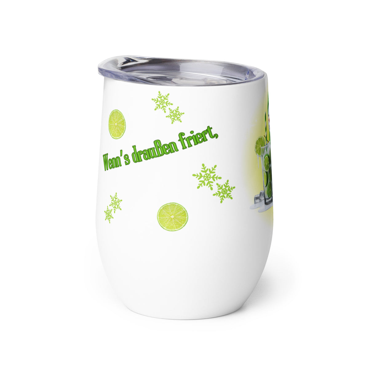 Weinbecher mit Schriftzug “Wenn’s draußen friert,” in Grün, Limettenscheiben und Schneeflocken, daneben der Schneemann mit Caipi