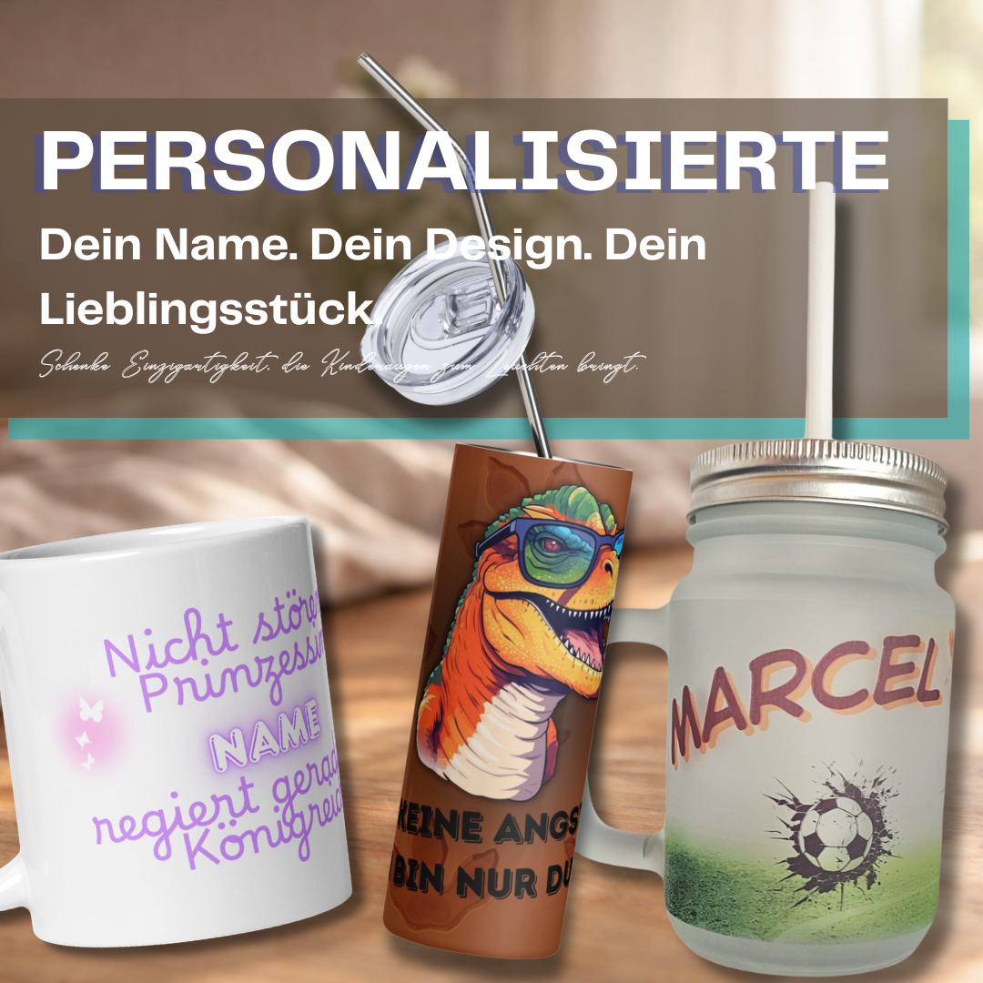 Personalisierte Trinkgefäße für Kinder: Auswahl an Glastassen mit Henkel, Spardosen, Henkelgläsern und bunten Isolier-Tumblern. Jedes Produkt ist mit einem Wunschnamen und kindgerechten Motiven wie Astronauten, Meerjungfrauen oder Fußballern veredelt. 