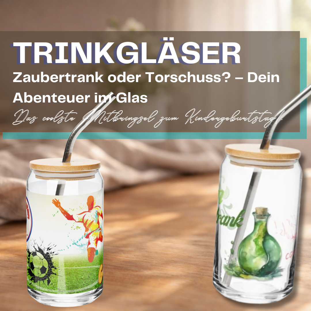 Trinkgläser für Kinder mit Fußball- und Zaubertrank-Motiv. Die Gläser haben einen Bambusdeckel und einen Metalltrinkhalm. Text: Trinkgläser – Zaubertrank oder Torschuss?