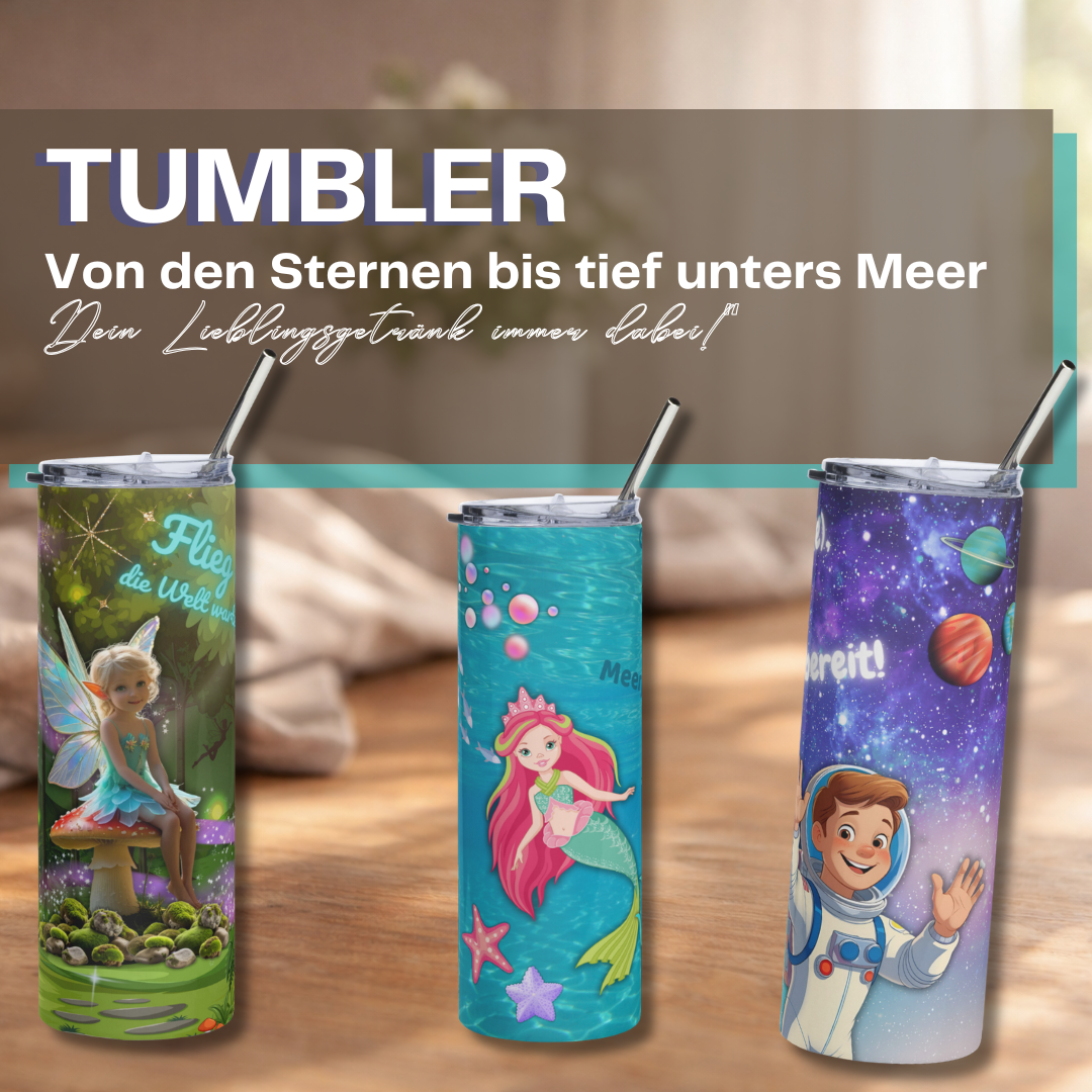 Bunte Kinder-Tumbler in zwei Größen (360 ml und 600 ml) mit den Motiven Meerjungfrau, Astronaut und kleine Fee. Die isolierten Trinkbecher sind ideal für unterwegs und in verschiedenen Designs erhältlich.