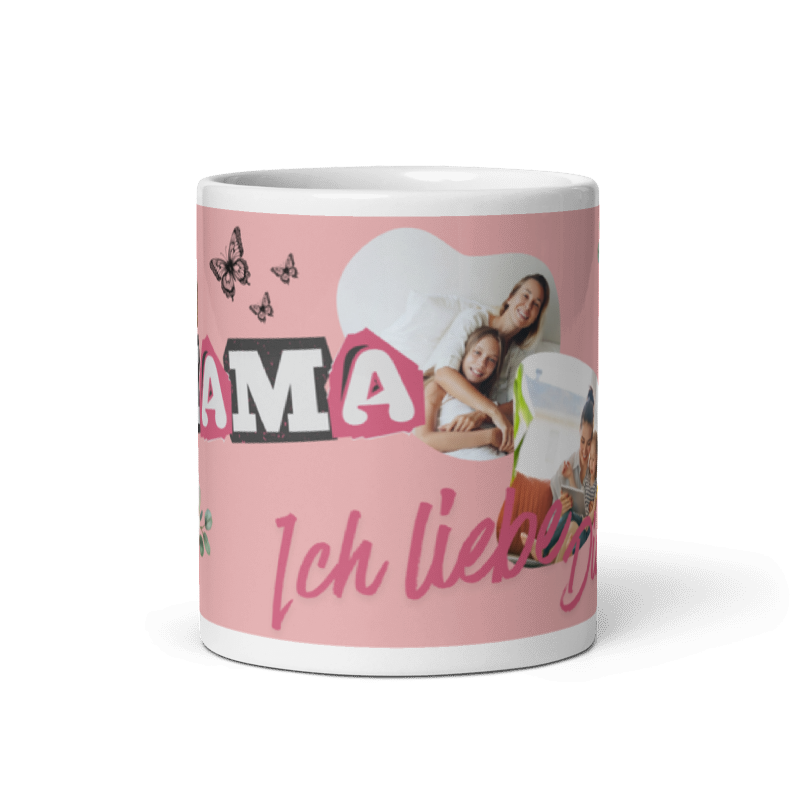 Weiße Keramiktasse mit personalisiertem Muttertags-Design in Rosa, Motiv mit Schmetterlingen, einem Foto von Mutter und Tochter und dem Schriftzug Ich liebe Dich.