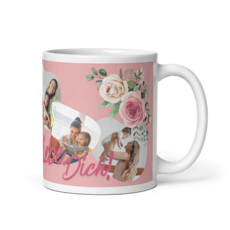 Personalisierte Geschenk-Tasse für Mamas mit Henkel rechts, abgebildeten Familienfotos in organischen Formen, eleganten Pfingstrosen und dem Schriftzug Ich liebe Dich auf rosa Grund.