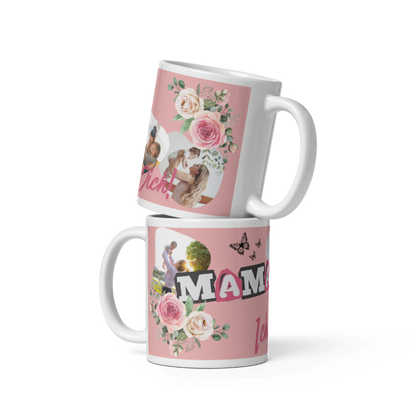 Zwei gestapelte weiße Kaffeetassen mit personalisiertem Muttertags-Design in Rosa, Fotocollage und Blumenmotiven sowie dem Schriftzug Ich liebe dich.