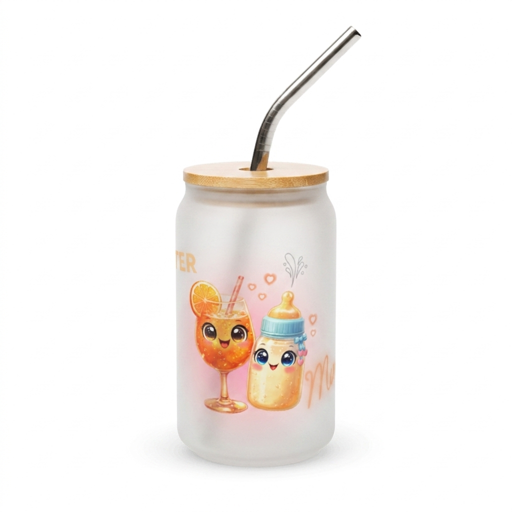 Frosted Glas mit Bambusdeckel und Metalltrinkhalm zum ersten Muttertag, Motiv mit niedlichem Cocktail und Babyflasche.