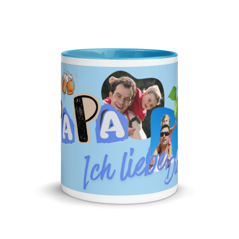 Hellblau Kaffeetasse von Schlucksachen Front in hellblau, personalisierbar mit 4 Fotos und dem Text „Papa, ich liebe dich“.