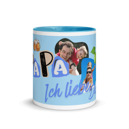 Hellblau Kaffeetasse von Schlucksachen Front in hellblau, personalisierbar mit 4 Fotos und dem Text „Papa, ich liebe dich“.