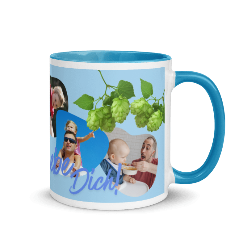 Hellblaue Kaffeetasse von Schlucksachen mit Henkel rechts und Innenseite in Hellblau, personalisierbar mit 4 Fotos und dem Text „Papa, ich liebe dich“.