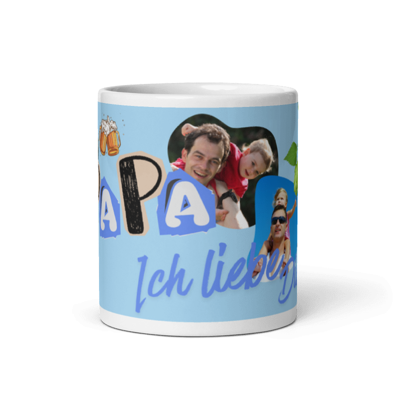 Weiß Kaffeetasse von Schlucksachen Front in weiß, personalisierbar mit 4 Fotos und dem Text „Papa, ich liebe dich“.