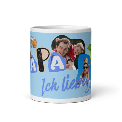 Weiß Kaffeetasse von Schlucksachen Front in weiß, personalisierbar mit 4 Fotos und dem Text „Papa, ich liebe dich“.