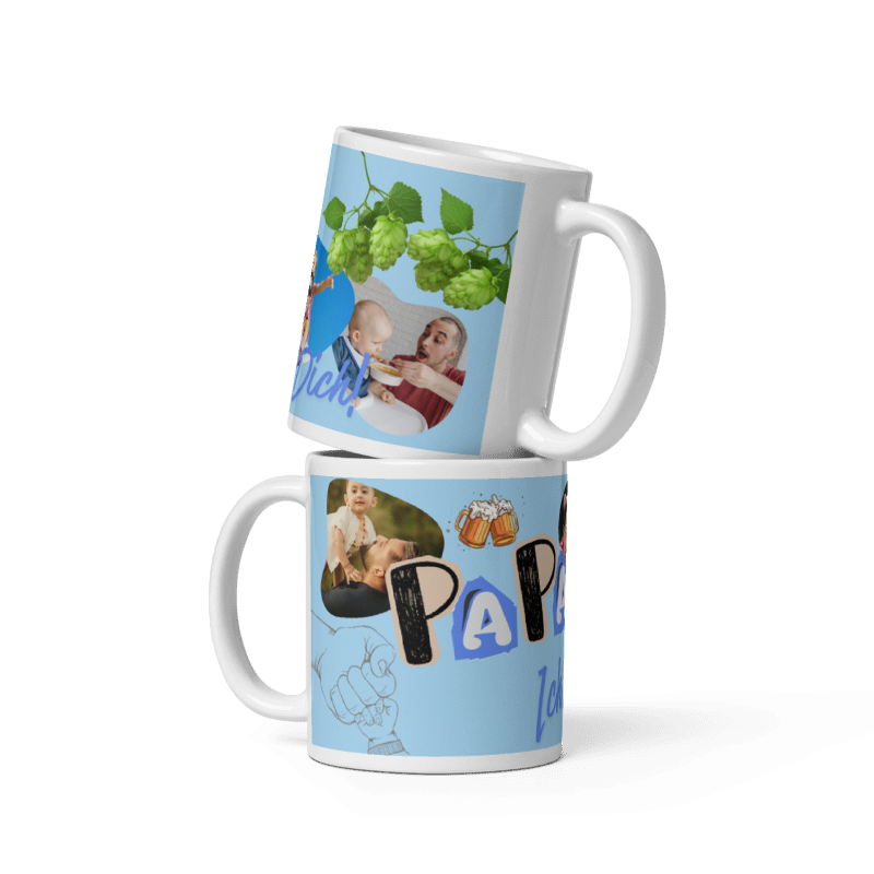 Weiß Kaffeetasse von Schlucksachen gestapelt in weiß, personalisierbar mit 4 Fotos und dem Text „Papa, ich liebe dich“.