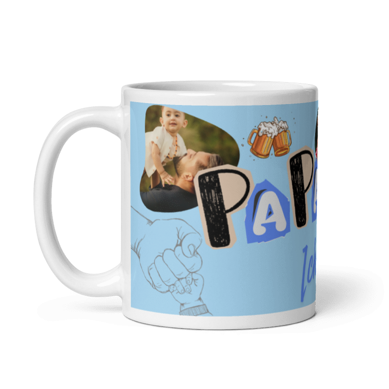 Weiß Kaffeetasse von Schlucksachen mit Henkel links und Innenseite in weiß, personalisierbar mit 4 Fotos und dem Text „Papa, ich liebe dich“.