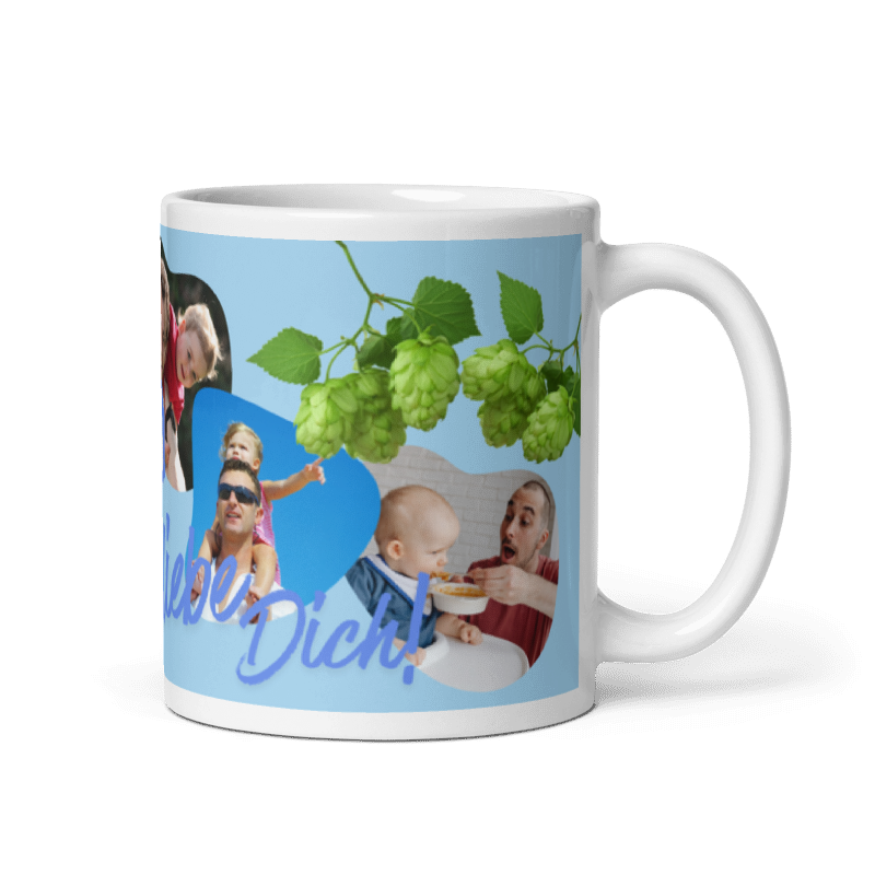 Weiß Kaffeetasse von Schlucksachen mit Henkel rechts und Innenseite in weiß, personalisierbar mit 4 Fotos und dem Text „Papa, ich liebe dich“.