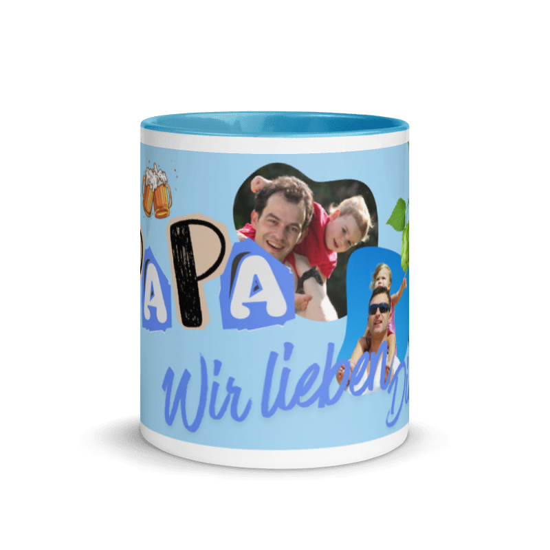 Hellblau Modell mit hellblauem Aufdruck, individuellen Fotofeldern und dem Schriftzug „Wir lieben dich“. Front