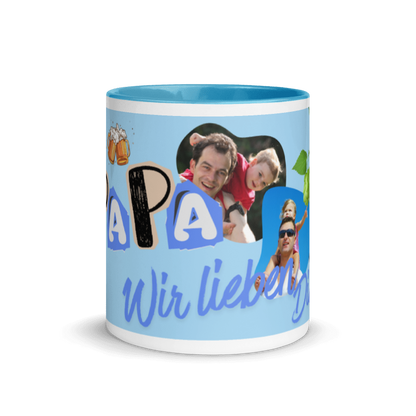Hellblau Modell mit hellblauem Aufdruck, individuellen Fotofeldern und dem Schriftzug „Wir lieben dich“. Front