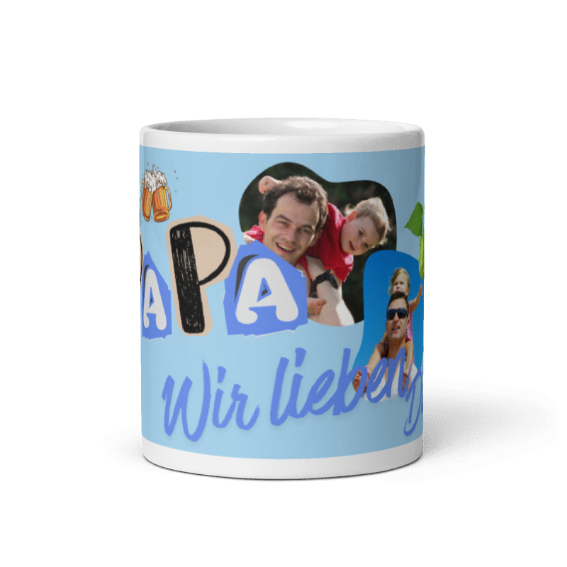 Weiß Modell mit hellblauem Aufdruck, individuellen Fotofeldern und dem Schriftzug „Wir lieben dich“. Front