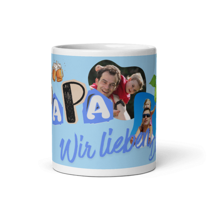 Weiß Modell mit hellblauem Aufdruck, individuellen Fotofeldern und dem Schriftzug „Wir lieben dich“. Front