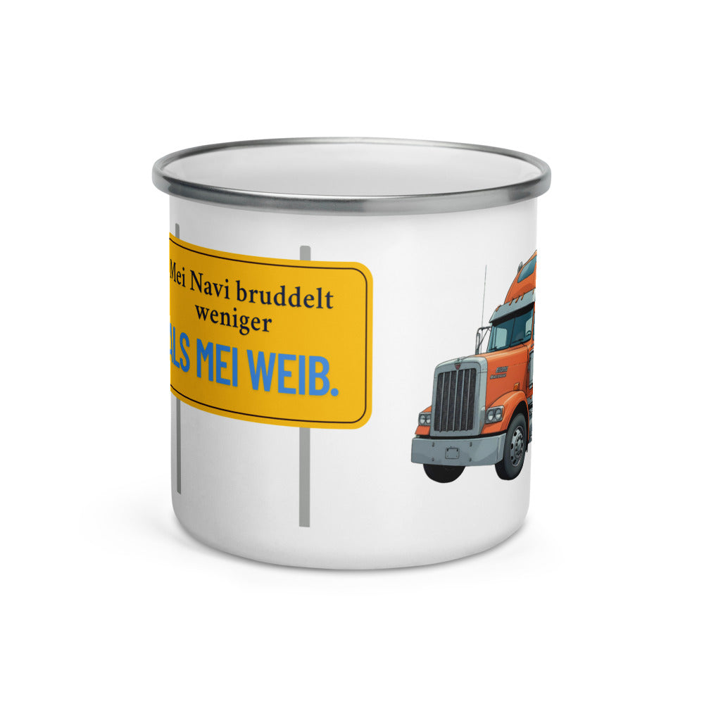 Trucker-Tasse „Mei Navi“ – Emaille-Becher für echte Fahrer