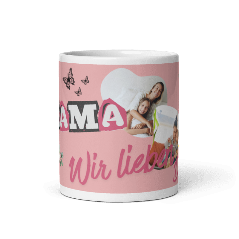 Eine weiße Keramiktasse mit der Aufschrift MAMA, einem Pfingstrosen-Design, Schmetterlingen und einem persönlichen Foto-Platzhalter.