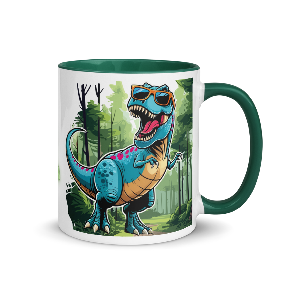 Seitenansicht einer weißen Keramiktasse mit grünem Henkel, bedruckt mit einem grünen Dinosaurier im Dschungel-Design.