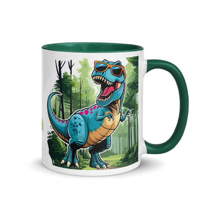 Seitenansicht einer weißen Keramiktasse mit grünem Henkel, bedruckt mit einem grünen Dinosaurier im Dschungel-Design.