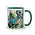 Seitenansicht einer weißen Keramiktasse mit grünem Henkel, bedruckt mit einem grünen Dinosaurier im Dschungel-Design.