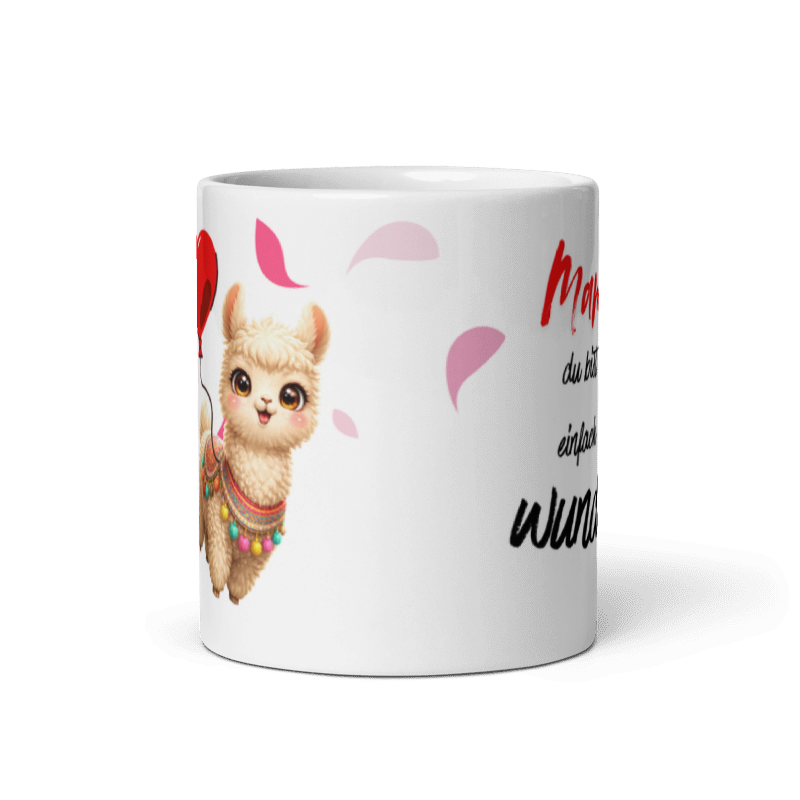 Einzelansicht einer weißen Keramiktasse mit einem niedlichen, flauschigen Lama, das einen roten Herzluftballon hält, und dem Schriftzug "Mama, du bist einfach wunderbar!" mit kleinen schwebenden Herzen.