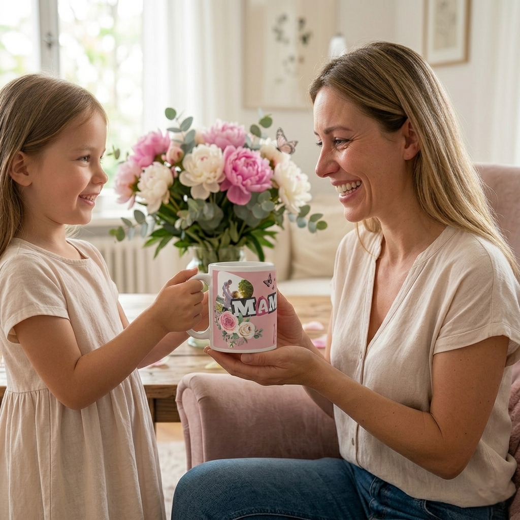Ein kleines Mädchen übergibt ihrer lächelnden Mutter eine personalisierte Fototasse mit Blumen-Design und Familienfotos zum Muttertag in einem gemütlichen Wohnzimmer.
