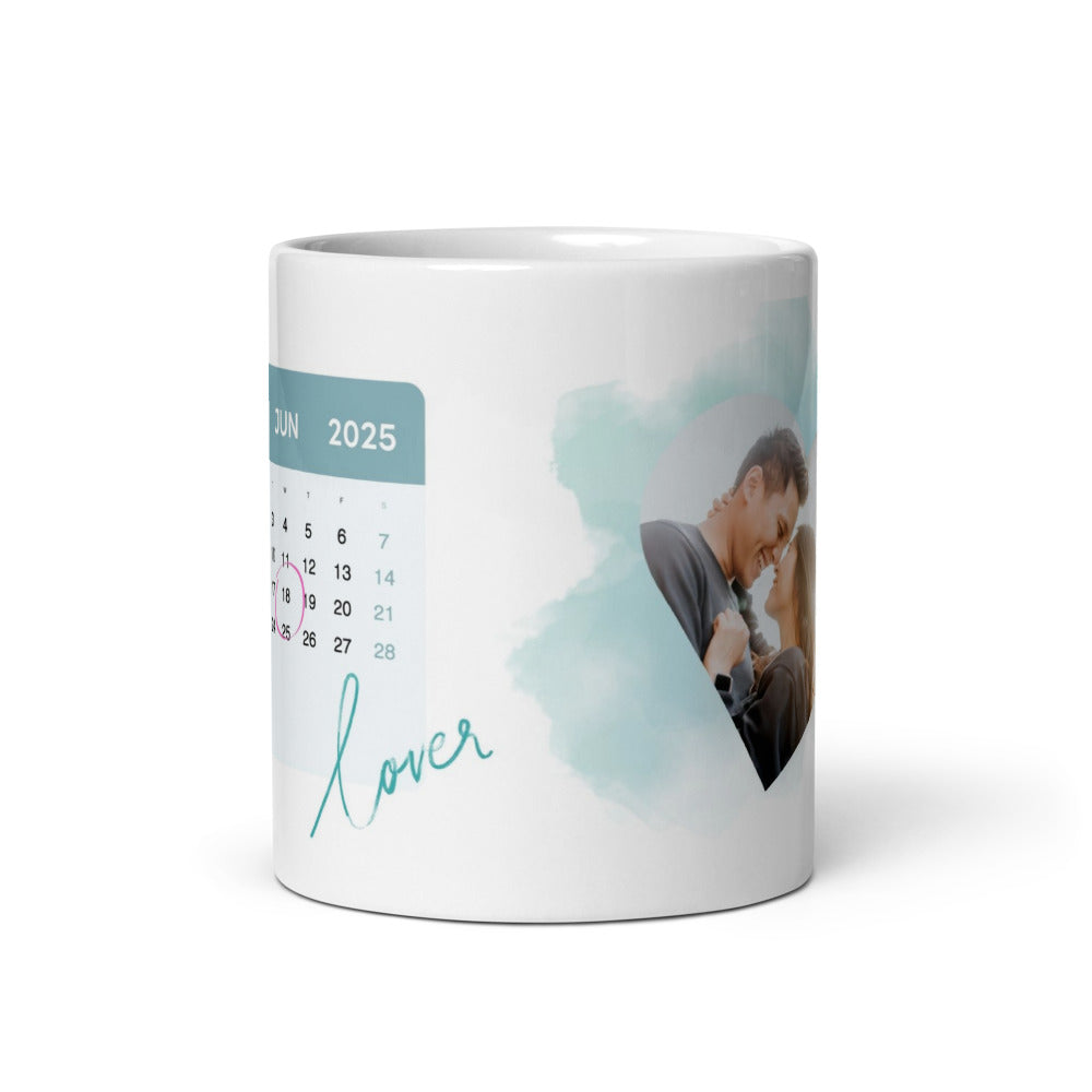 Fototasse Jahrestag „Lover“ – Personalisierte Tasse mit Datum & Herzeffekt