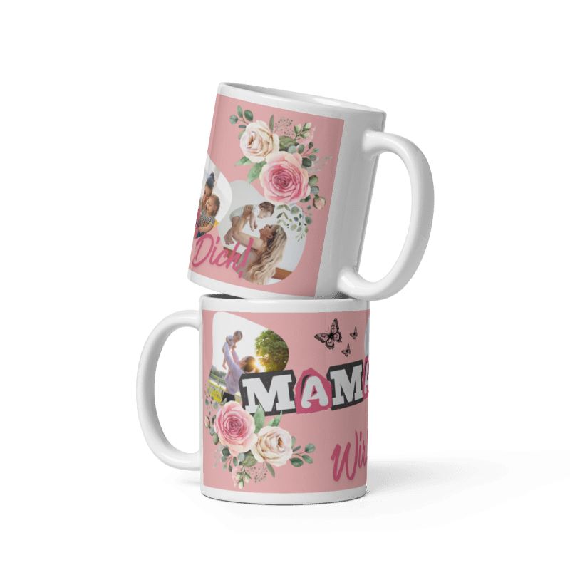 Zwei gestapelte weiße Keramiktassen mit floralem Pfingstrosen-Design, persönlichen Familienfotos und dem pinkfarbenen Schriftzug Wir lieben dich als Geschenk für Mamas.