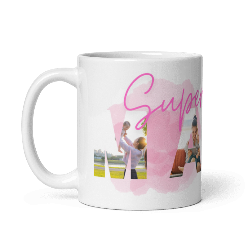 📸 Halte eure schönsten Momente fest! Die personalisierte „Super Mama“ Tasse mit 4 individuellen Fotos im MAMA-Schriftzug ist das ideale Geschenk für jede Mama. Hochwertige Keramik trifft auf emotionales Design. Jetzt bei Schlucksachen gestalten und Freude zum Muttertag schenken! ✨
