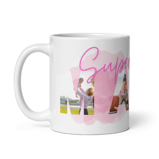 📸 Halte eure schönsten Momente fest! Die personalisierte „Super Mama“ Tasse mit 4 individuellen Fotos im MAMA-Schriftzug ist das ideale Geschenk für jede Mama. Hochwertige Keramik trifft auf emotionales Design. Jetzt bei Schlucksachen gestalten und Freude zum Muttertag schenken! ✨