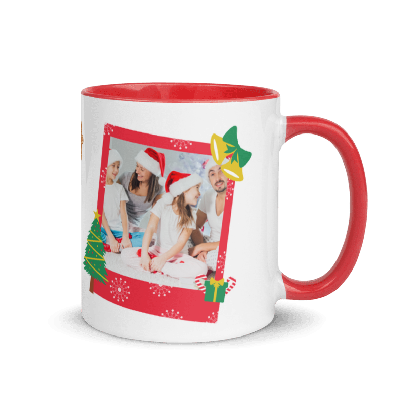 Weihnachtstasse “Frohe Weihnachten” im Polaroid-Design mit Familienfoto, roter Henkel und rote Innenseite Rechteseite Henkel
