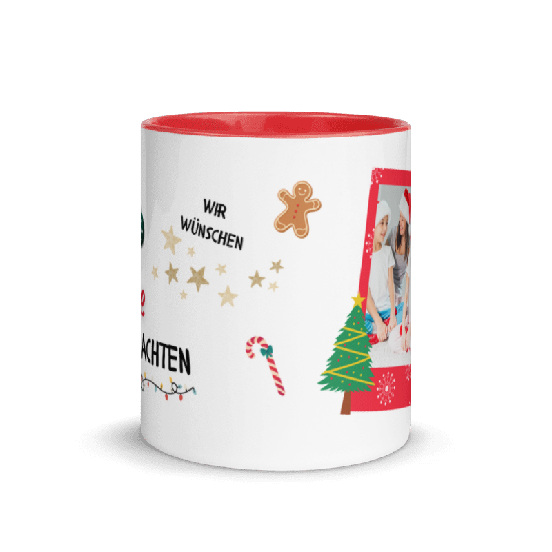 Weihnachtstasse “Frohe Weihnachten” im Polaroid-Design mit Familienfoto, roter Henkel und rote Innenseite