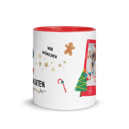 Weihnachtstasse “Frohe Weihnachten” im Polaroid-Design mit Familienfoto, roter Henkel und rote Innenseite
