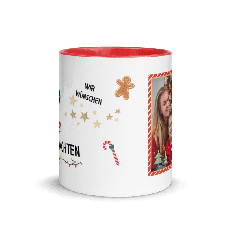 Weihnachtstasse “Frohe Weihnachten” mit Familienfoto im rot-weißen Zuckerstangen-Rahmen Frontansicht