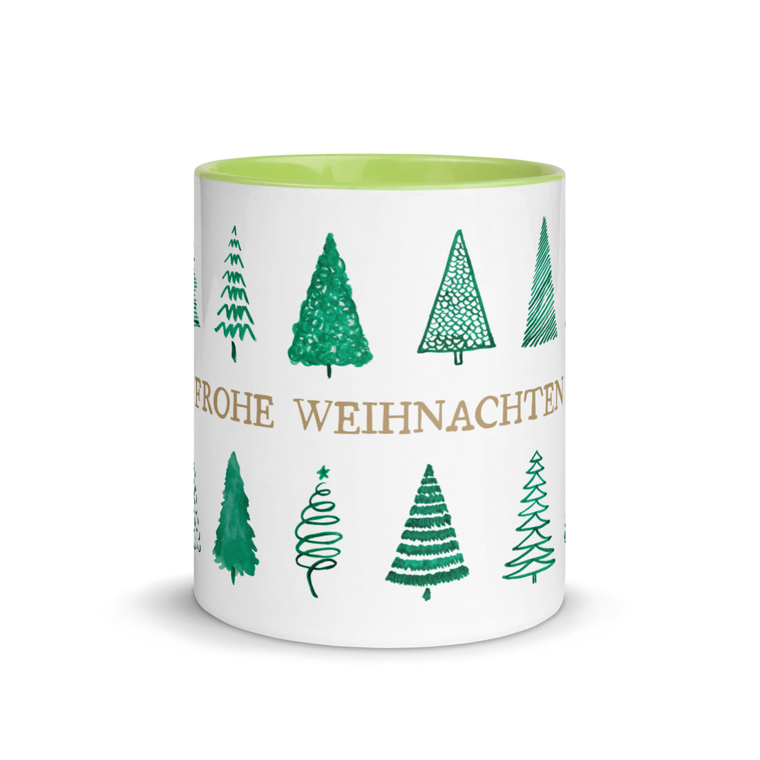 Weiße Weihnachtstasse mit goldenem Schriftzug “Frohe Weihnachten” und handgezeichneten grünen Tannenbäumen, grüne Innenseite
