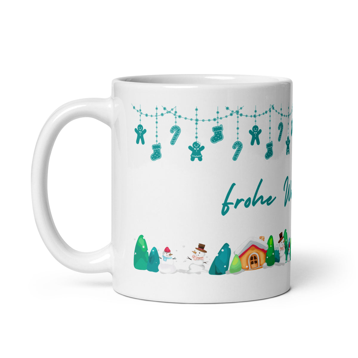 Weiße Weihnachtstasse mit Henkel links, Girlande mit Lebkuchenmännchen und Zuckerstangen, Winterdorf mit Häuschen und Schneemännern