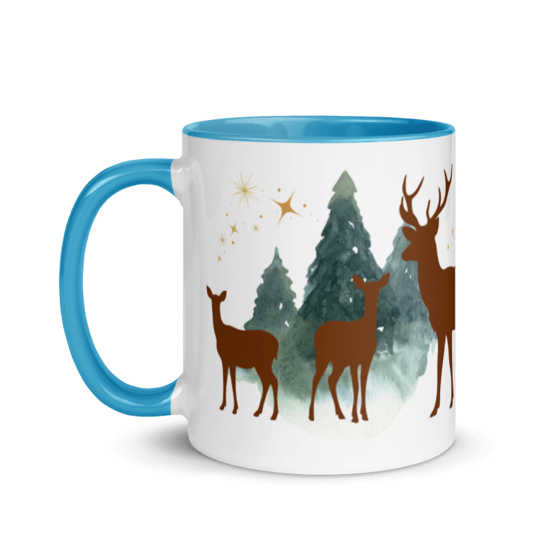 Tasse „Hirsch im Wald“ – Winter-Tasse mit Hirschen, Tannen &amp; goldenen Sternen